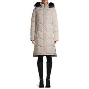 Big Chill Women's Faux Memory Chevron Quilted Maxi Coat w/Faux Fur Hood